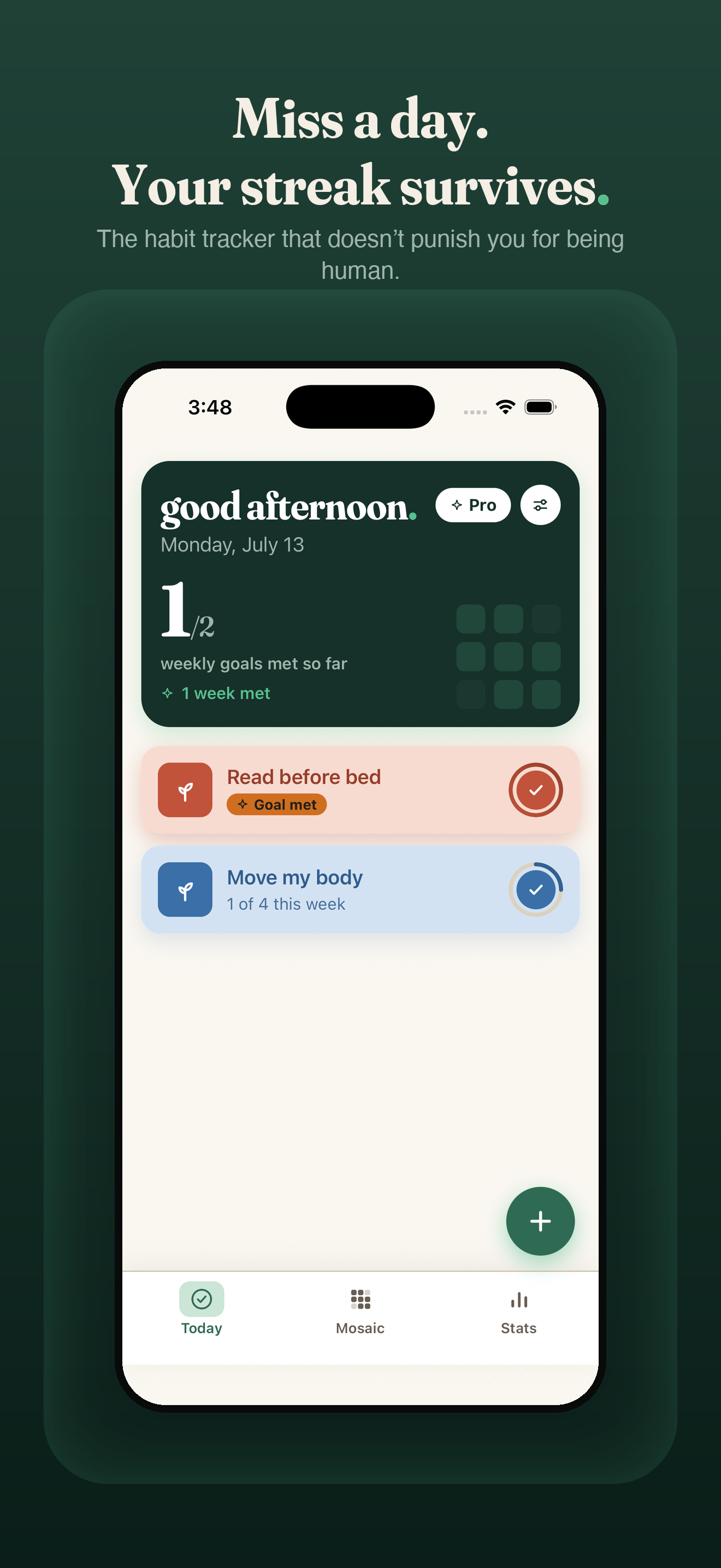 Cadence screenshot — a forgiving streak that survives a missed day