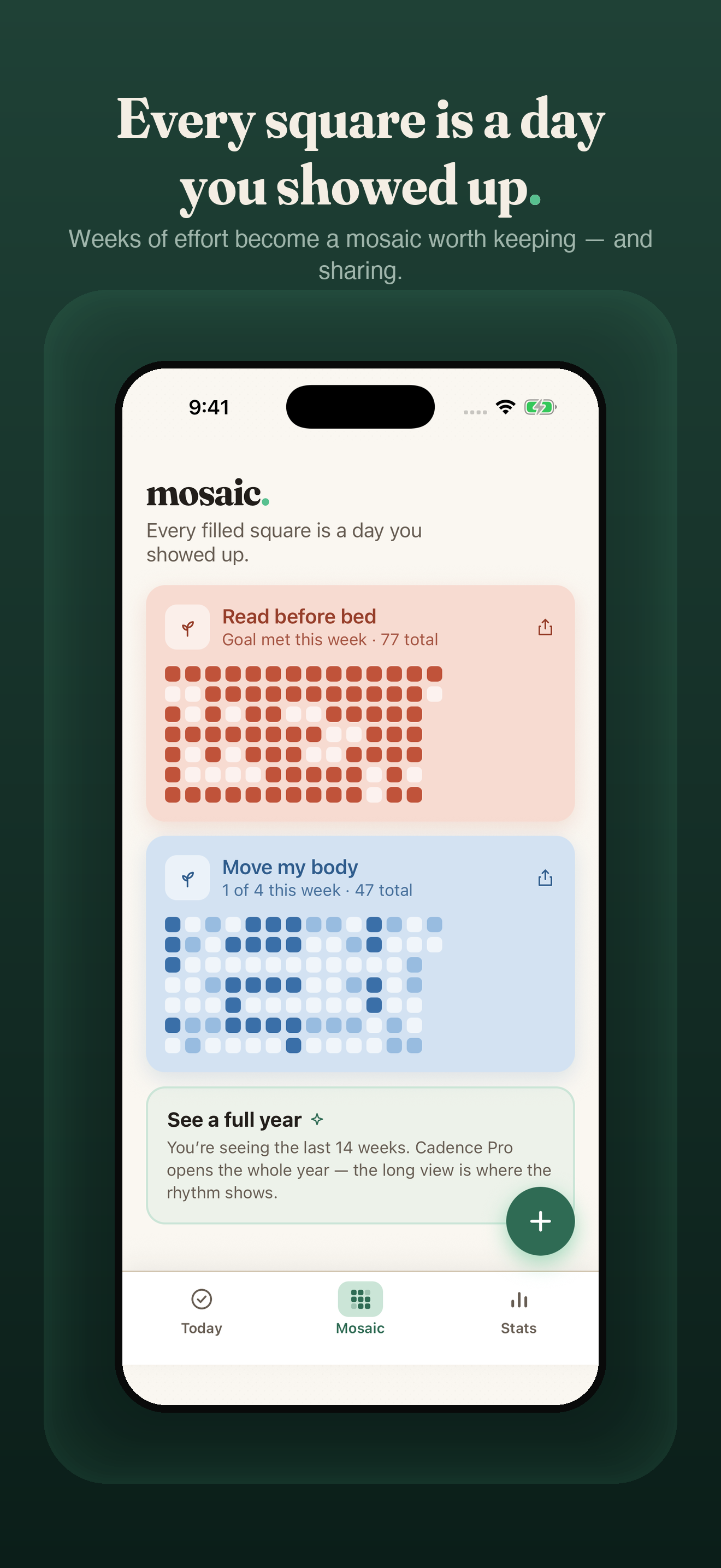 Cadence screenshot — the mosaic of every day you showed up